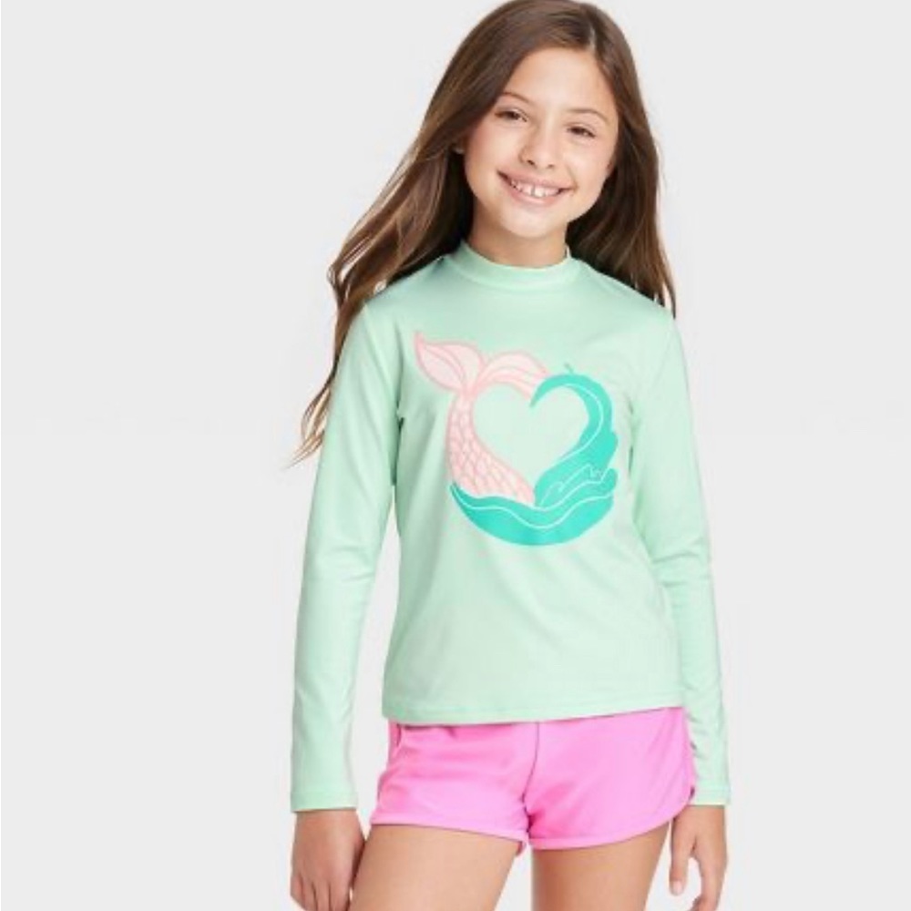 Girls' Mermaid Wave Long Sleeve Rash Guard Swim Top - Cat & Jack™ Mint Green